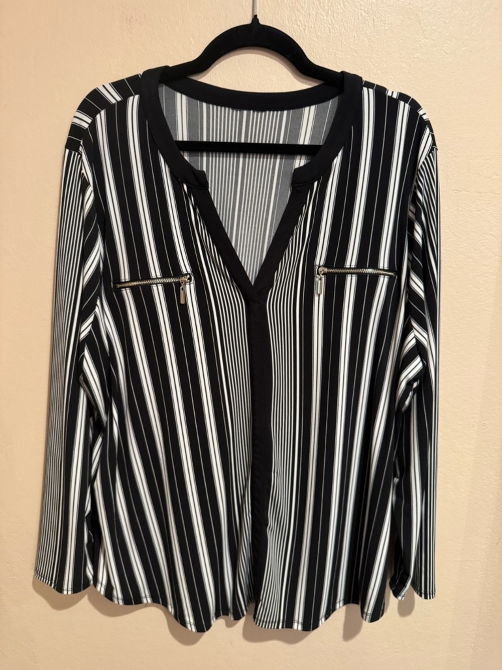 Macy's Black and White Vertical Stripe V-Neck Blouse with Zip Pockets